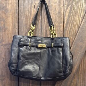 Black Leather Tote Bag with Gold Accents